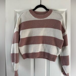 Hollister Pink and White Striped Crew Neck Sweater